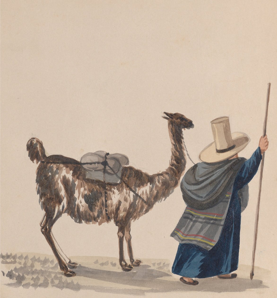 Peru kostümünü tasvir eden bir grup çizimden bir Lama ile yürüyen bir kadın, yaklaşık. 1848. by Francisco