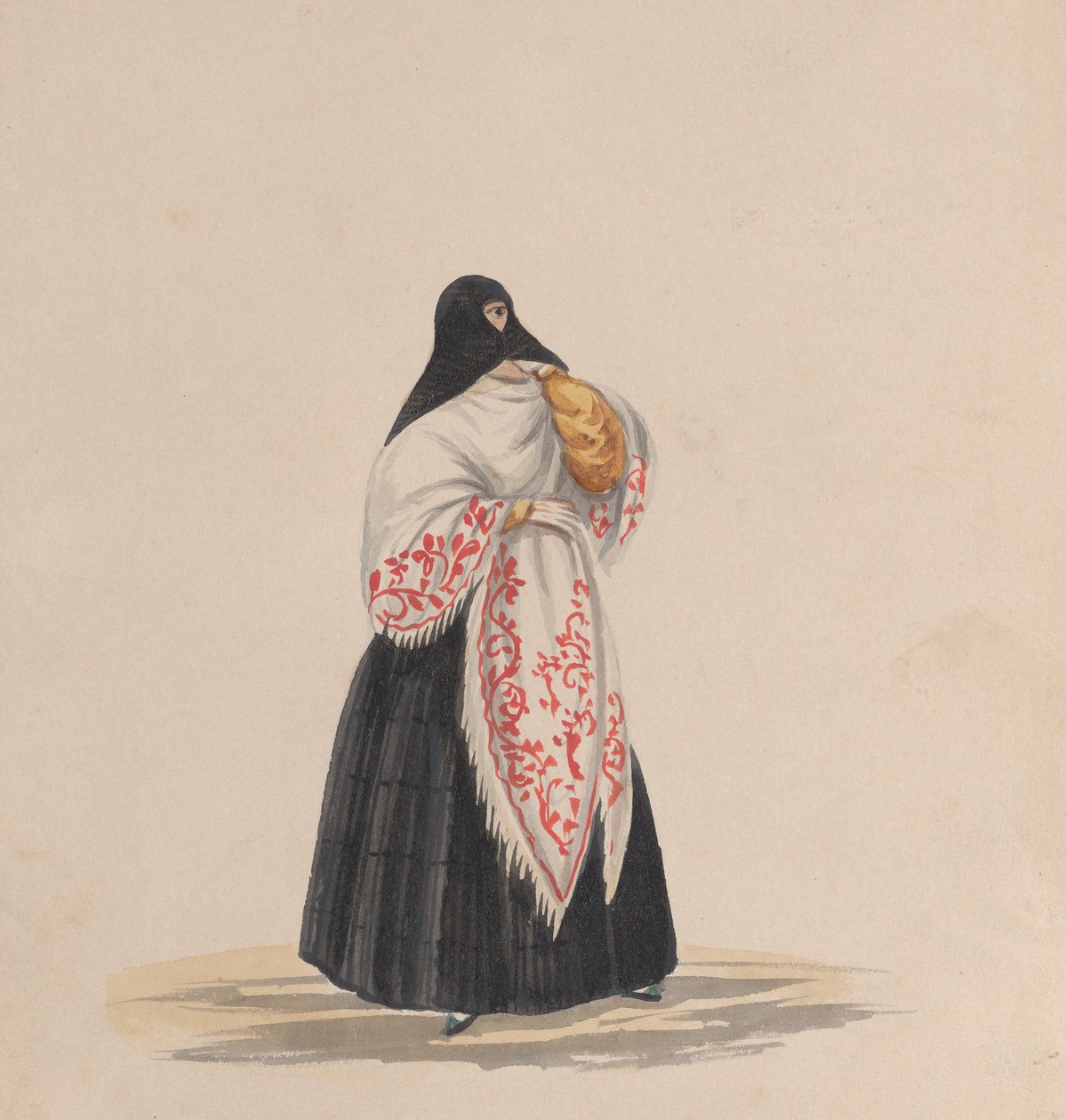 Peru kostümünü tasvir eden bir grup çizimden zarif giyimli bir kadın, yaklaşık. 1848. by Francisco