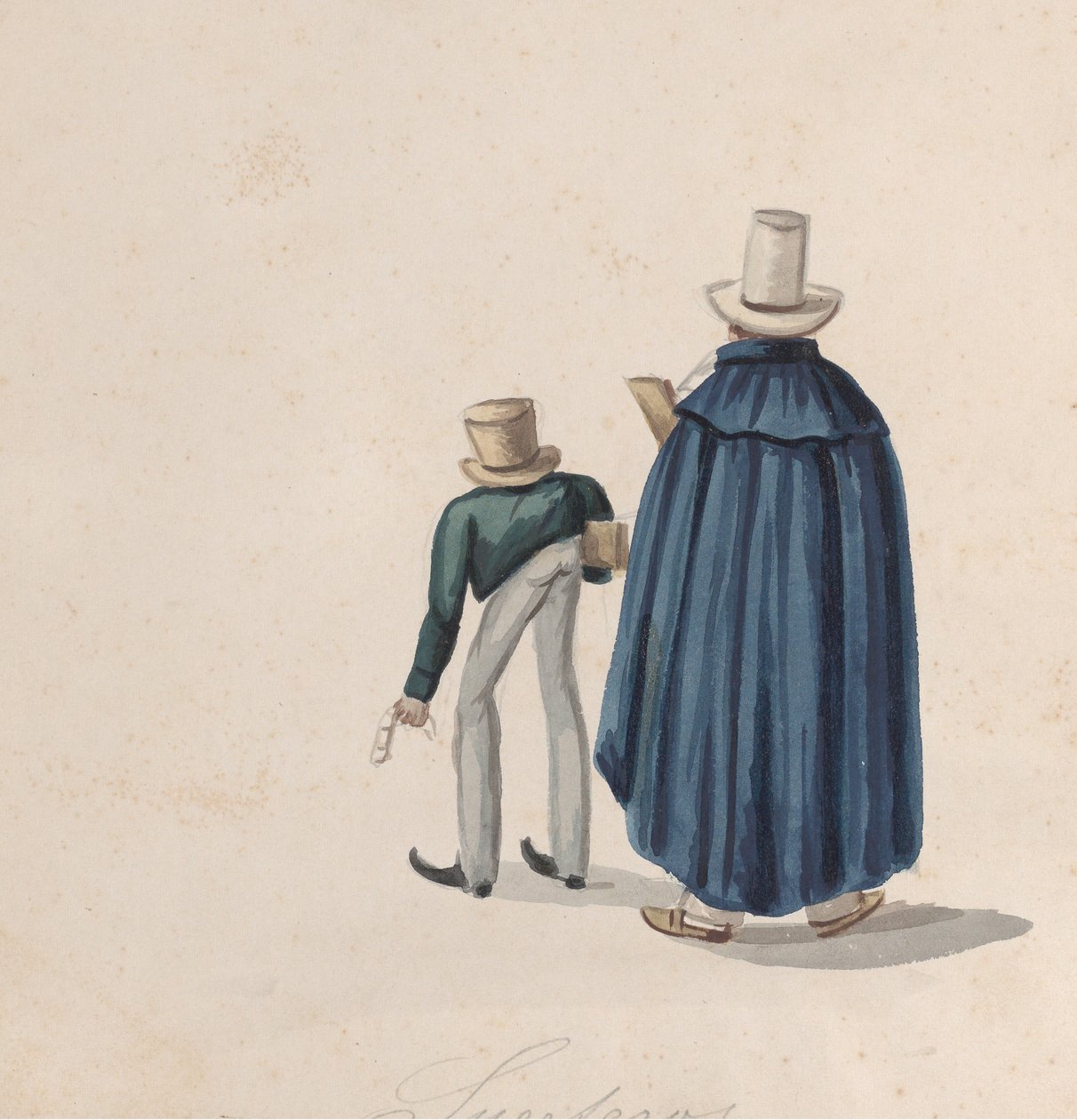 Silindir şapkalı iki Perulu falcı, bir gruptan arkadan görüntülendi..., yakl. 1848. by Francisco
