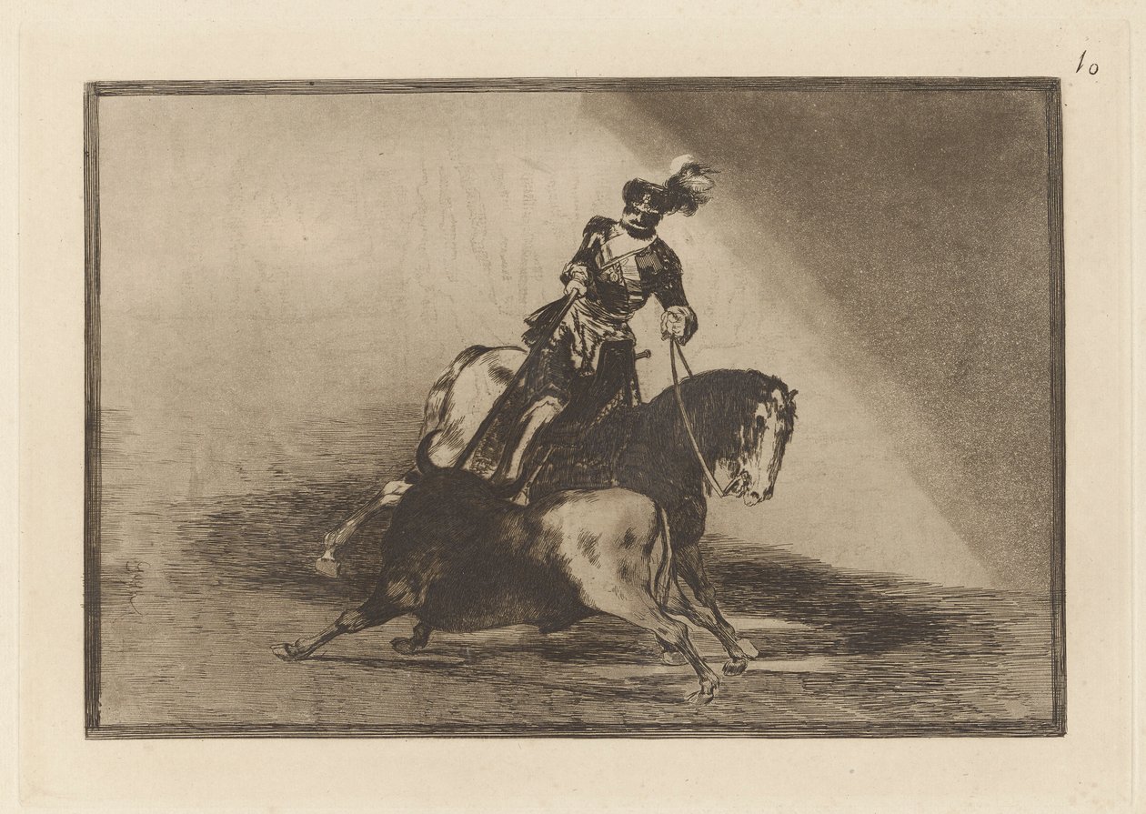 Carlos V. Plaza de Valladolid'de Bir Boğa Mızraklamak (Charles V. Valladolid'de Ringde Bir Boğa Mızraklamak), La tauromaquia'dan Levha 10 by Francisco de Goya