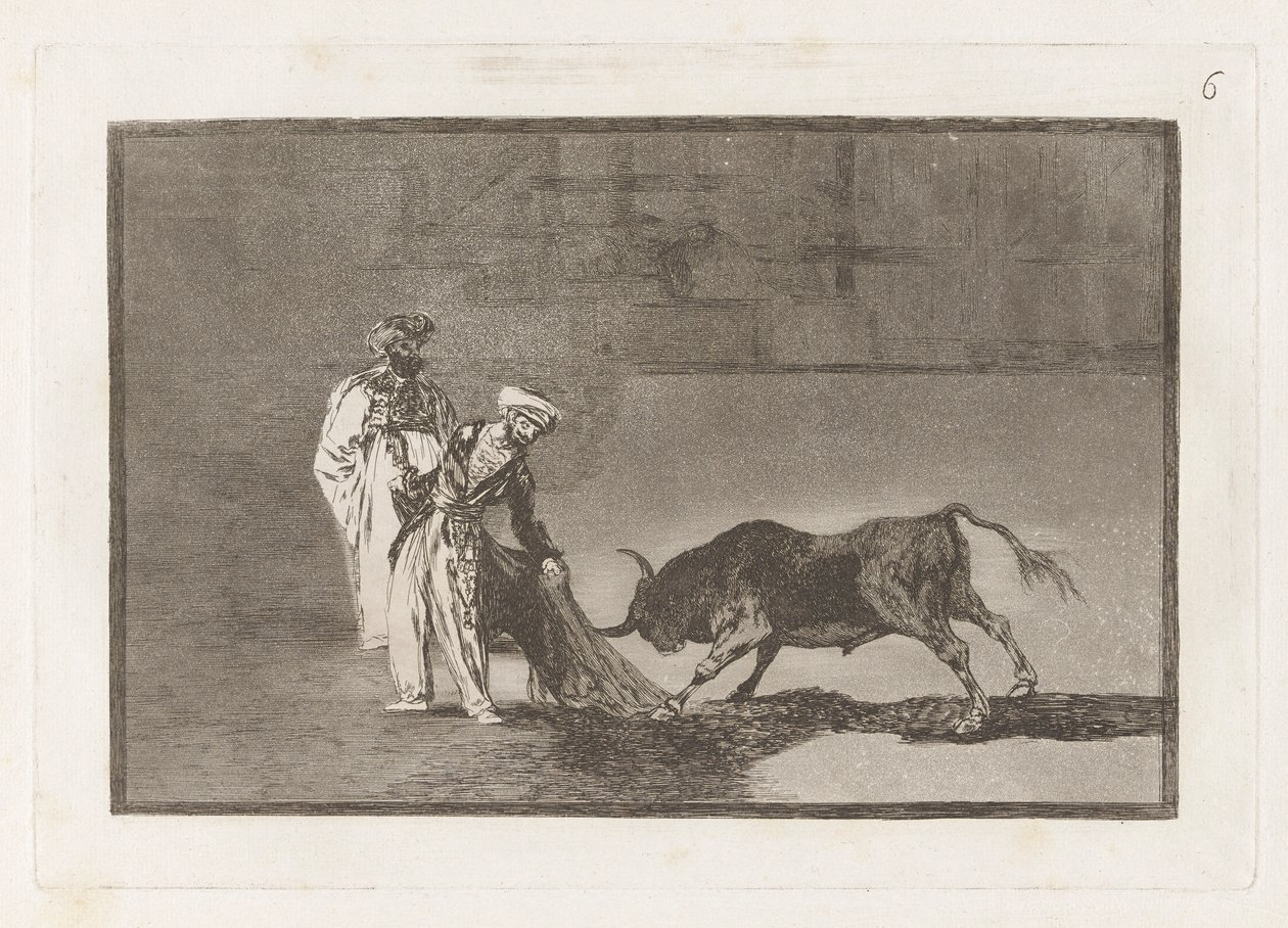 Moors, albornozlarıyla plazada başka bir capeo yapar (Moors, yanıklarıyla boğayı çağırarak ringde farklı bir oyun oynar), La tauromaquia