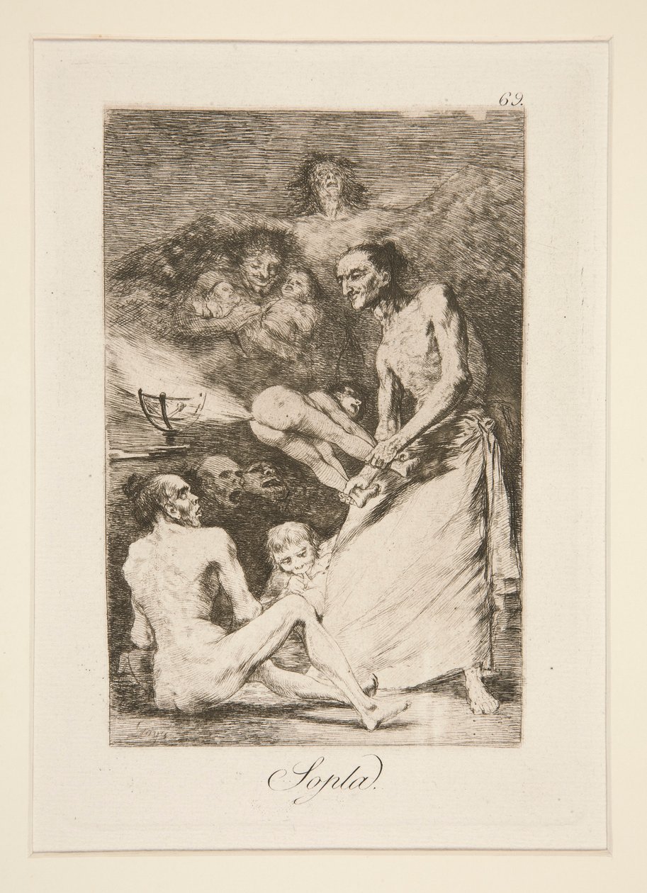 Sopla (Üfleme), pl. Los caprichos serisinden 69 by Francisco de Goya