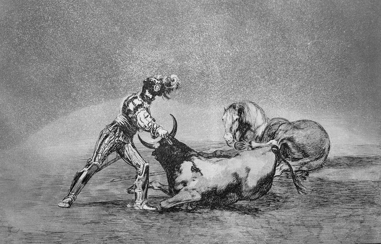 Bir İspanyol şövalyesi atını kaybettikten sonra boğayı öldürür, 'Boğa Güreşi Sanatı'nın 9. plakası, pub. 1816 (aşındırma) by Francisco Jose de Goya y Lucientes