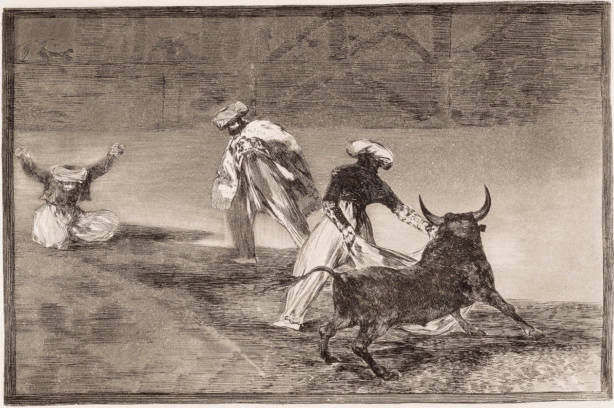 Boğa Güreşi: Moors, bir muhafaza içinde pelerini başka bir boğayla oynuyor by Francisco de Goya