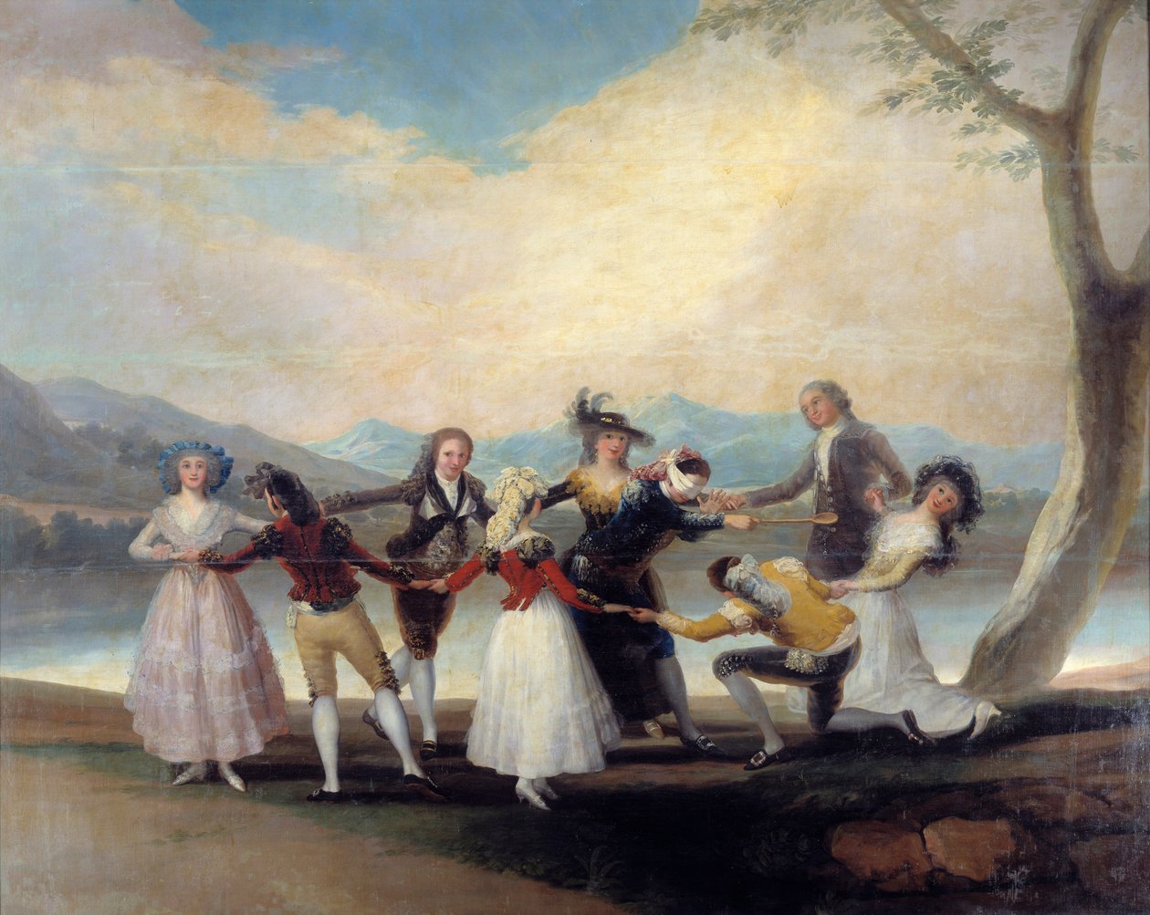 Colin Maillard (Colin-Maillard) kör tavuğun oyunu. Gençler, gözleri çizgili olanın etrafında dans ediyor. Francisco De Goya