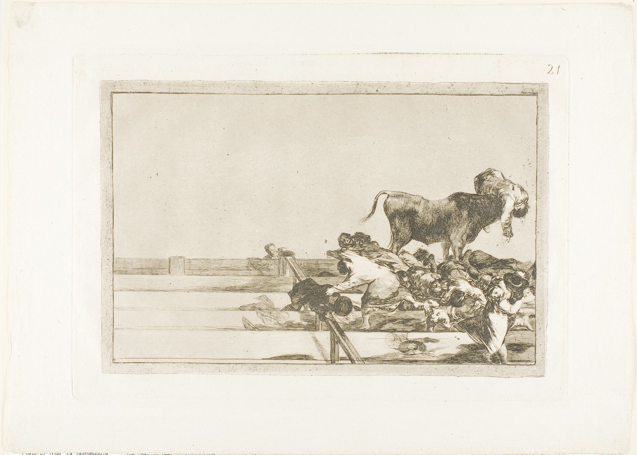 Madrid'de ringin ön sıralarında yaşanan korkunç olaylar ve Torrejón belediye başkanının ölümü, Boğa Güreşi Sanatı'ndan 21. plaka by Francisco Jose de Goya y Lucientes
