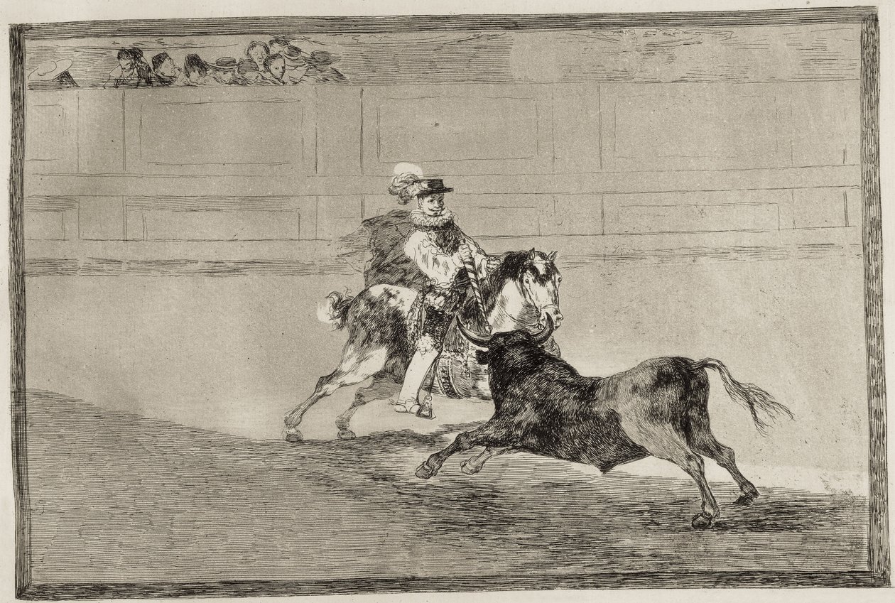 GOYA Y LUCIENTES, Francisco de (1746-1828). Asistanların yardımı olmadan kısa mızrakları kıran çemberde İspanyol atlı bir şövalye. 1816. Gravür. İSPANYA. MADRİD (ÖZERK TOPLULUK). Madrid. Ulusal Kütüphane by Francisco Jose de Goya y Lucientes
