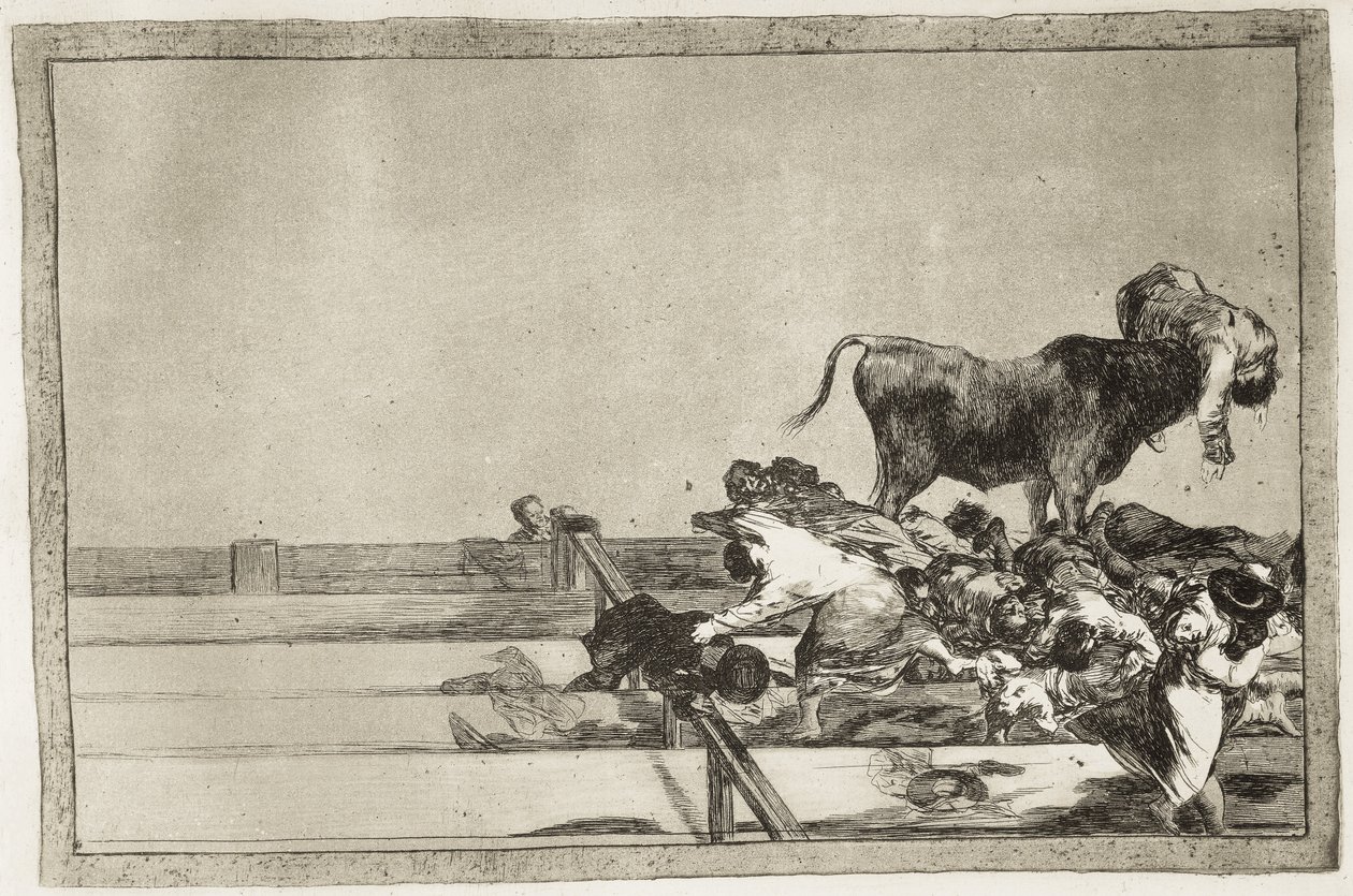 GOYA Y LUCIENTES, Francisco de (1746-1828). Madrid'de ringin ön sıralarında yaşanan korkunç olaylar ve Torrejon belediye başkanının 1801'de ölümü. 1816. "Boğa Güreşi Sanatı"nın 21. levhası. gravür İSPANYA. MADRİD (ÖZERK TOPLULUK). Madrid. by Francisco Jose de Goya y Lucientes