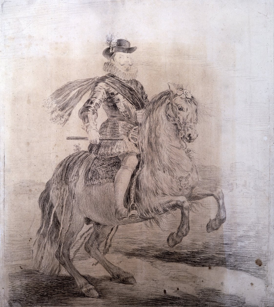 GOYA Y LUCIENTES, Francisco de (1746-1828). İspanya Kralı III.Philip'in Atlı Portresi. 1778. İspanya Kralı III. PHILIP (1578-1621). İspanya Kralı (1598-1621). Velazquez resimlerinin kopyalarını çizmek. Barok sanatı. Çizim. İSPANYA. MADRİD (ÖZERK TOPLUL by Francisco Jose de Goya y Lucientes