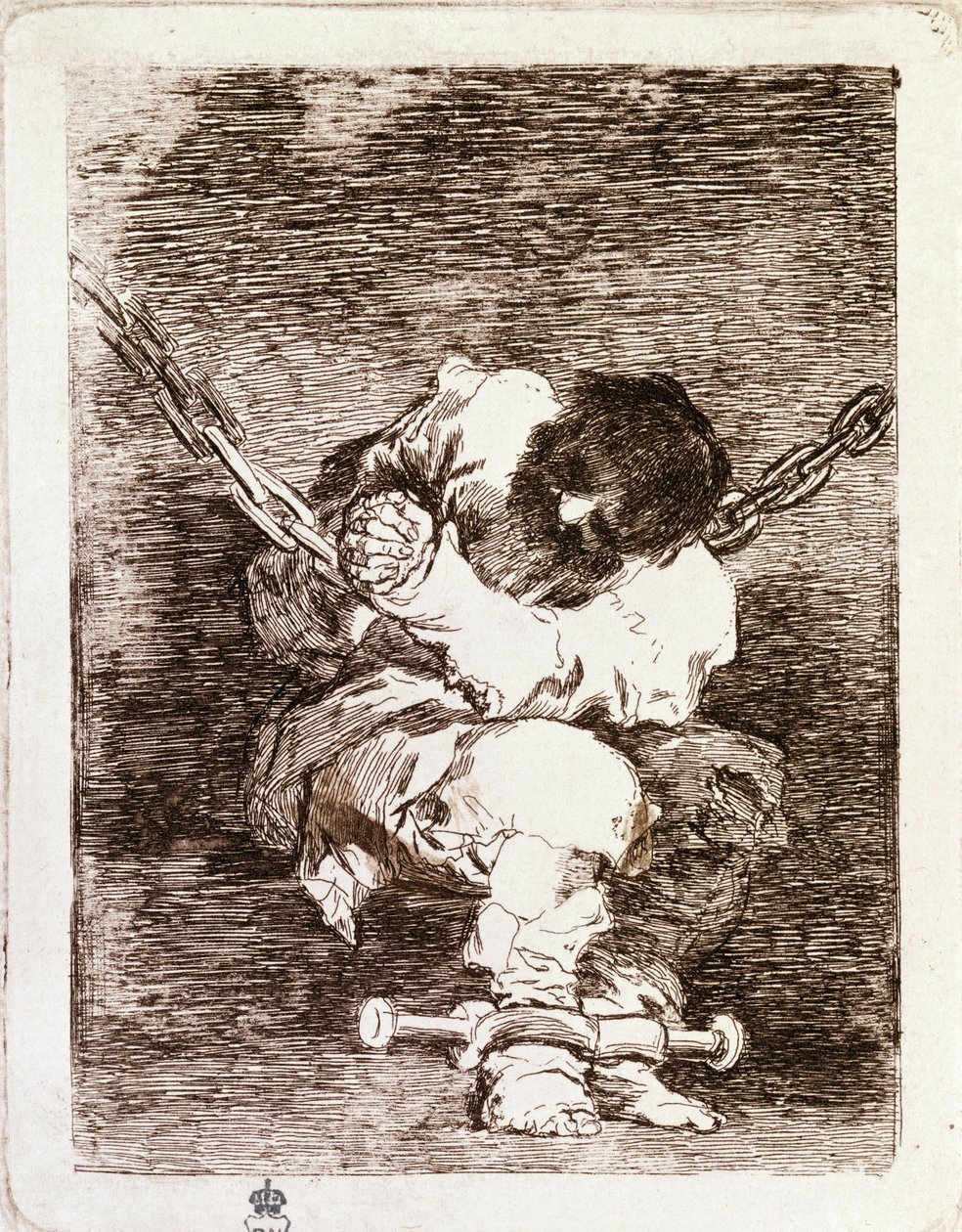 Mahkum zinciri oturma - Güvenlik suç kadar barbardır. (Oymak by Francisco de Goya