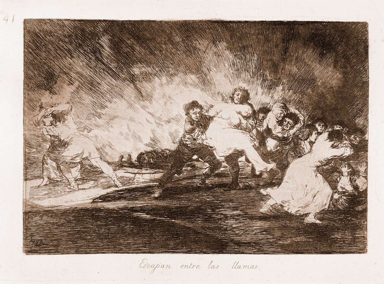 Savaşın Felaketleri: Alevlerin arasından kaçarlar (çizimden aşındırma). by Francisco de Goya