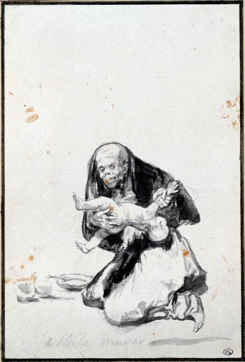 Kötü kadın (Mala mujer). Kötü kadın. Antropofaji sahnesi, bir cadı bir çocuğu yutar. Francisco Goya y Lucientes (1746-1828) Sun tarafından gri yıkama. 0,21x0,14 m Paris, Louvre Müzesi by Francisco de Goya