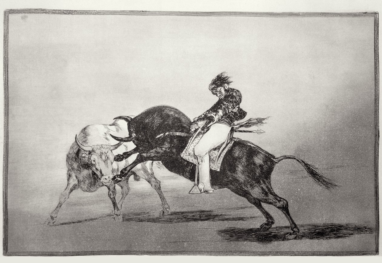 Aynı Mariano Ceballos, bir boğaya binmiş, kısa mızraklarını Madrid'de ringde kırıyor, 'The Art of Boğa Güreşi'nin 24. plakası, pub. 1816 (aşındırma) by Francisco Jose de Goya y Lucientes