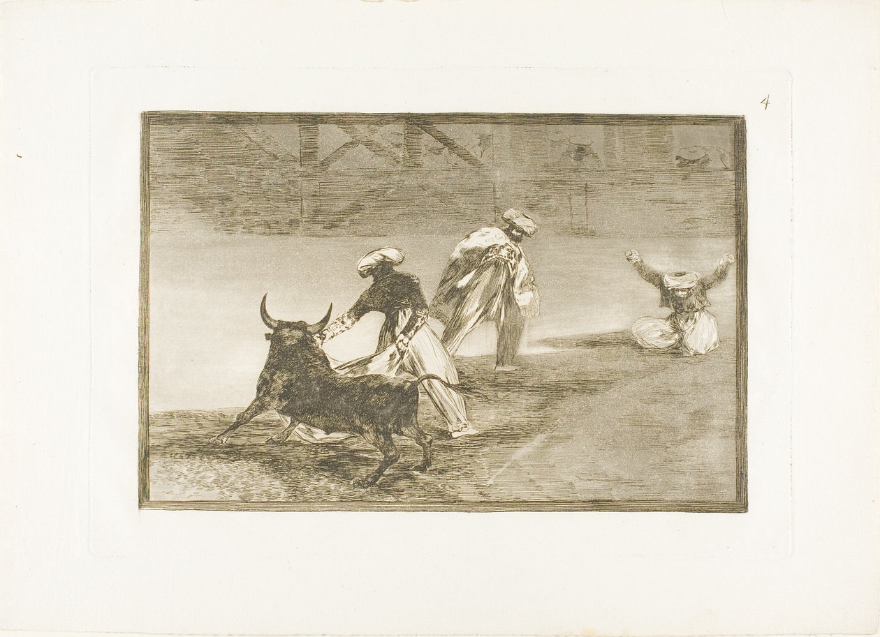 Bir Muhafazada Pelerinle Bir Başka Oynuyorlar, Boğa Güreşi Sanatı'ndan dördüncü plaka by Francisco Jose de Goya y Lucientes