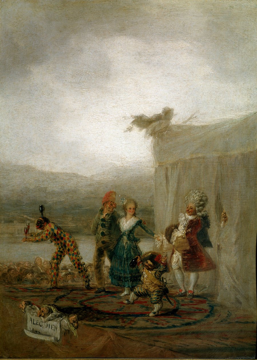 Gezici çizgi roman oyuncuları Karakterler (cüce ve harlequin (Arlecchino, Harlequin) dahil), sokakta bir tiyatro performansı sırasında Commedia dell