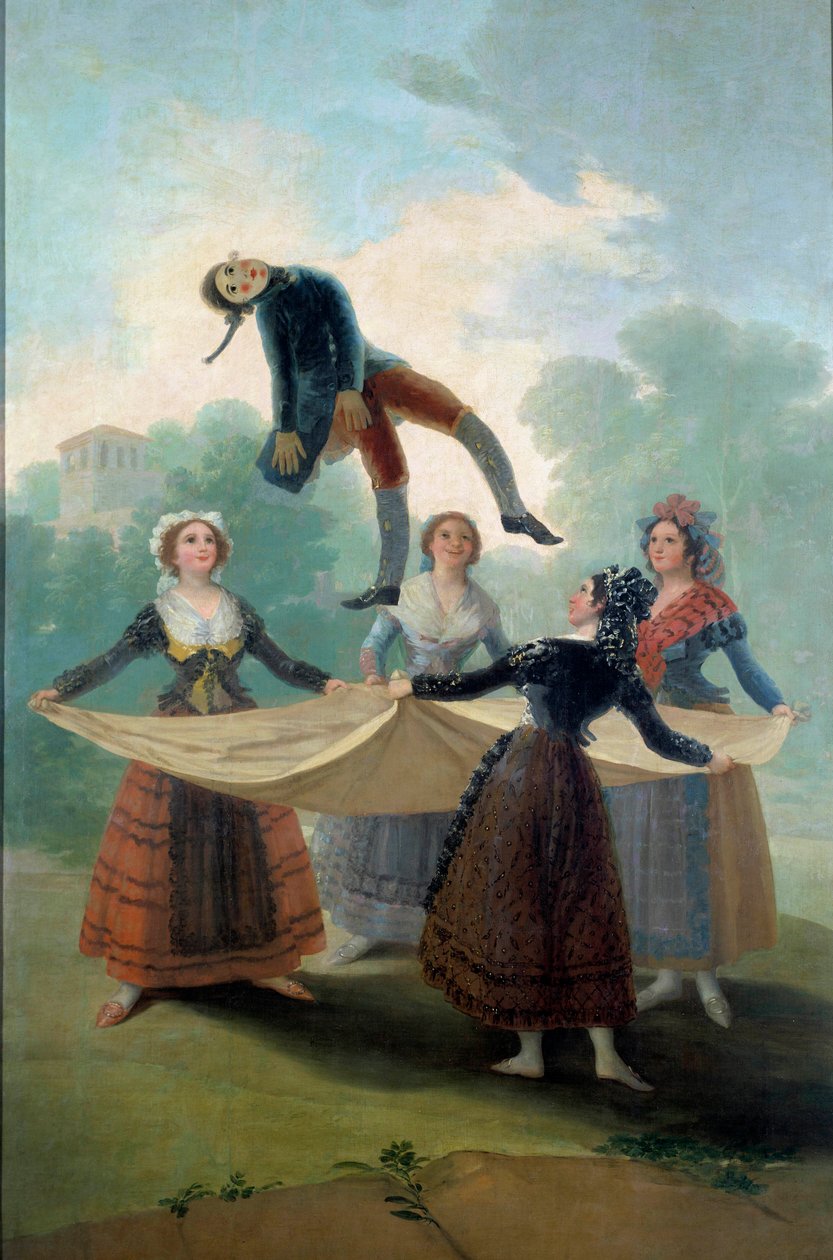 Genç kadın kuklası bir bez bebekle havaya fırlatıyor. Francisco de Goya (1746-1828) 1792, Sun tarafından tablo. 1,6x2,67 m Madrid, Musee du Prado - Kukla. Genç kızlar çarşaflı bir bez bebeği fırlatıyor. Francisco de Goya