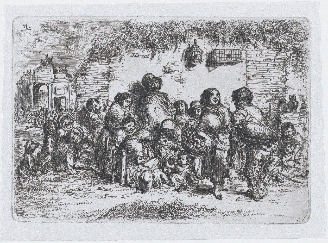 Levha 11: Açık havada, İspanyolların gelenek ve eğlencelerinden bir grup insan..., 1850. by Francisco Lameyer Berenguer
