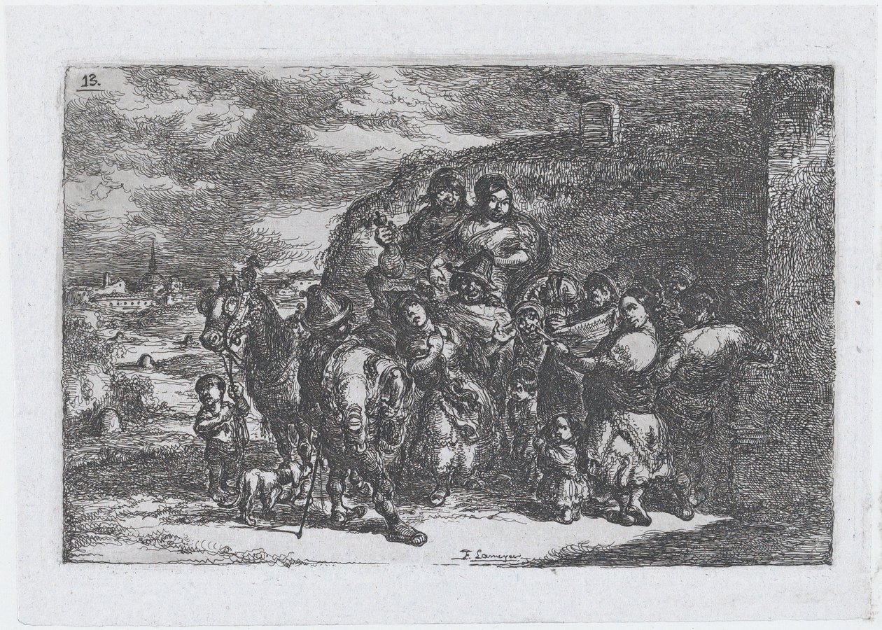 Levha 13: cust..., 1850 serisinden muhtemelen müzisyenler de dahil olmak üzere açık havada bir grup insan. by Francisco Lameyer Berenguer