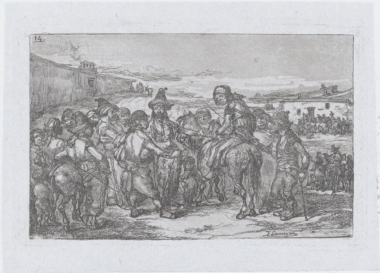 Levha 14: Açık havada büyük bir grup insan, muhtemelen bir oyuncu topluluğu, o..., 1850 serisinden. by Francisco Lameyer Berenguer