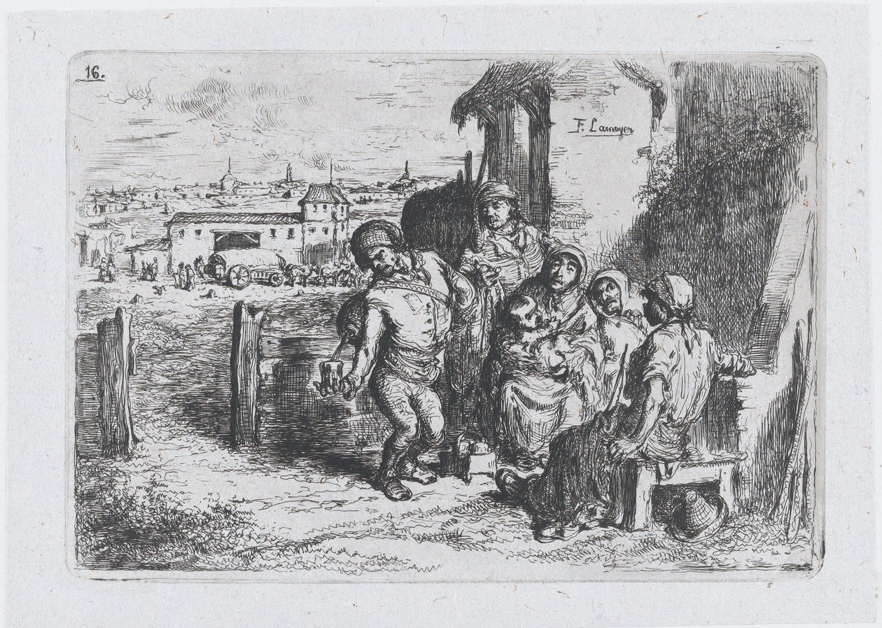 Levha 16: Bir gemiden şarap veya su döken bir adam da dahil olmak üzere açık havada bir grup insan ..., 1850. by Francisco Lameyer Berenguer