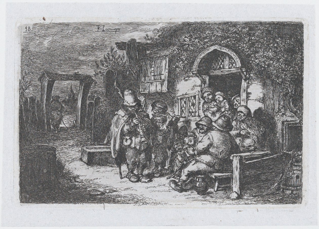 Levha 18: Bir meyhanenin dışındaki sokak müzisyenleri ve diğer şahsiyetler, bir dizi gümrükten ..., 1850. by Francisco Lameyer Berenguer