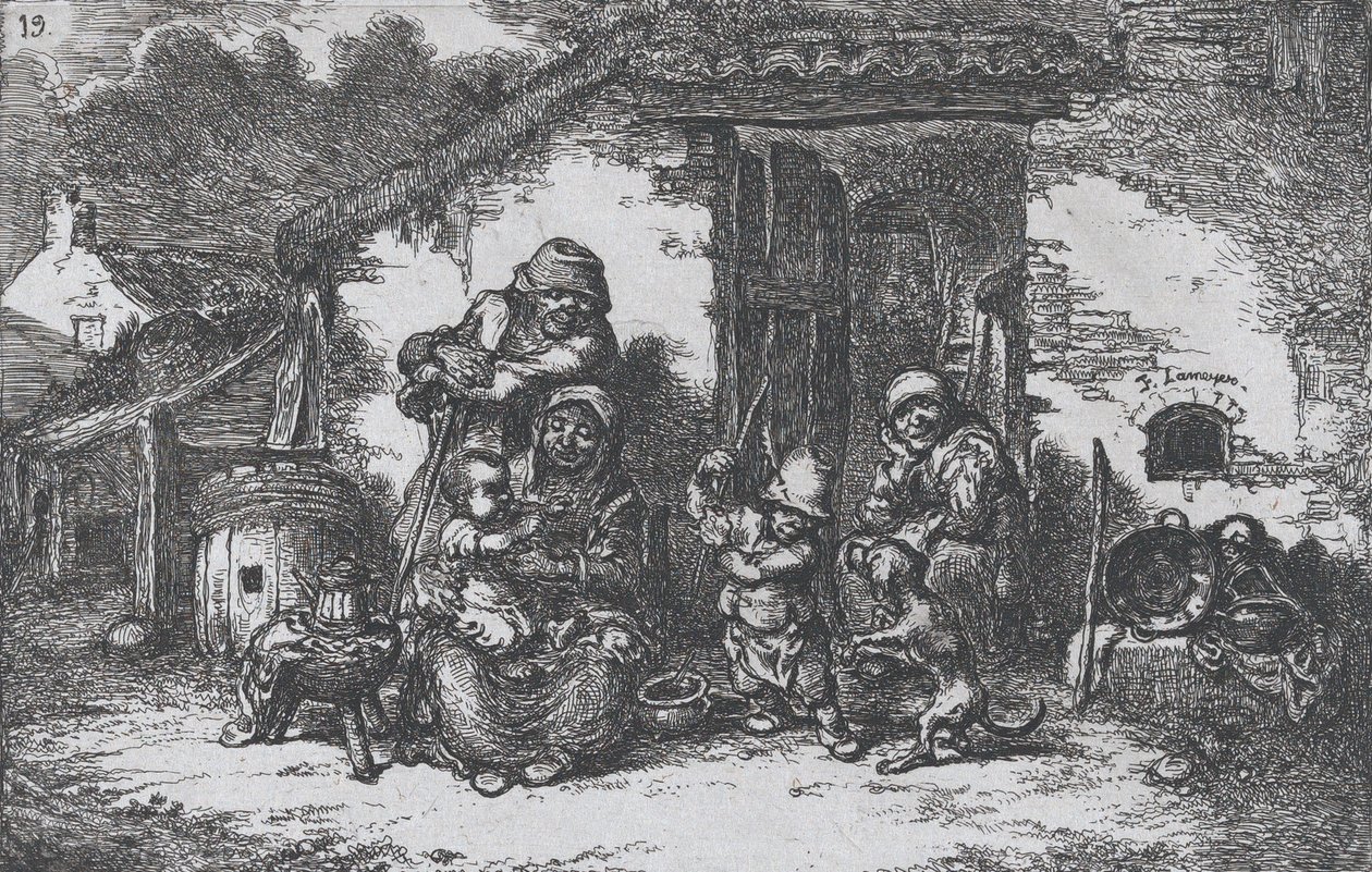Levha 19: Gelenek..., 1850 serisinden bir evin dışında köpekle oynayan bir aile ve bir çocuk. by Francisco Lameyer Berenguer