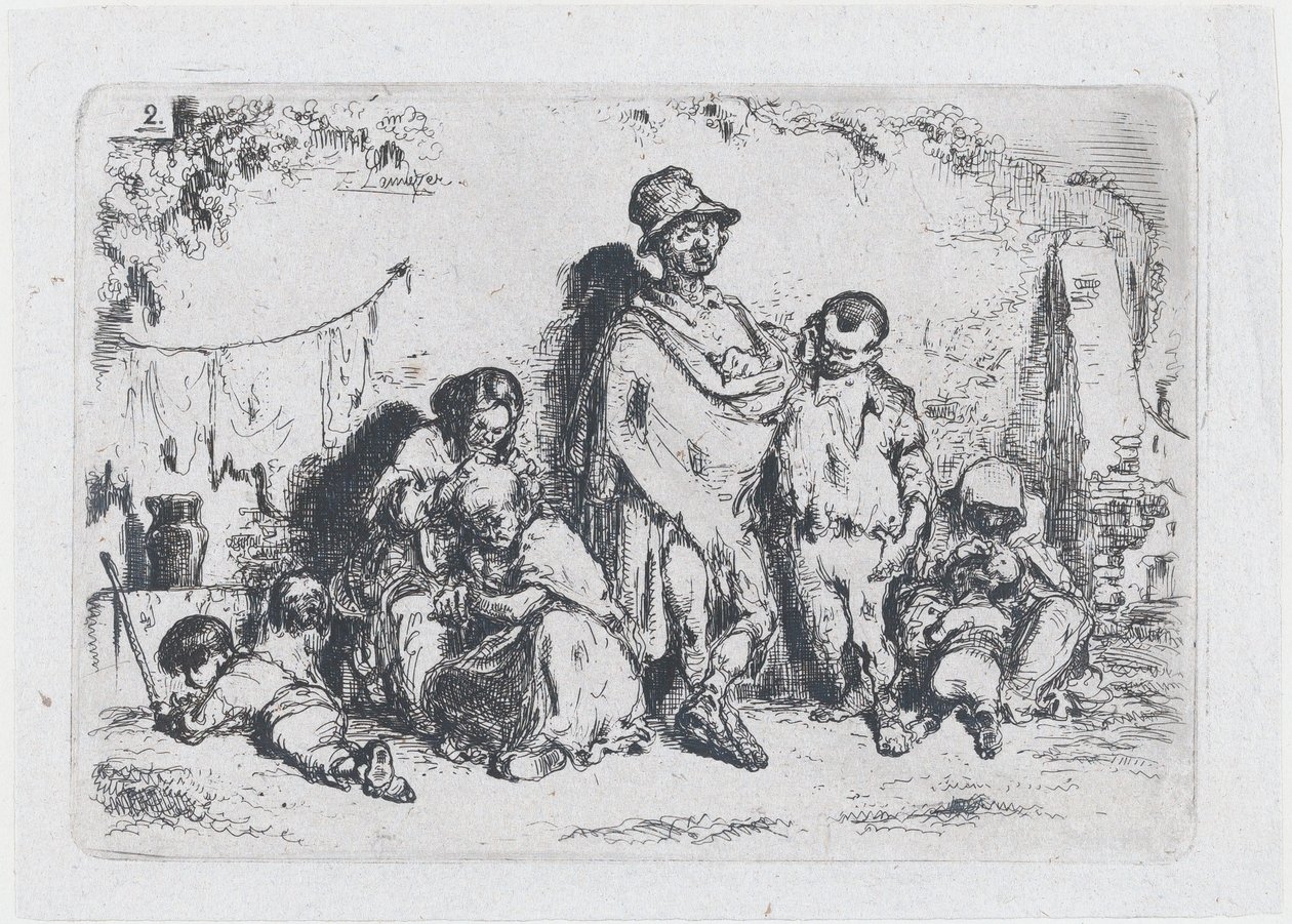 Levha 2: Sokaktaki bir grup insan, muhtemelen dilenciler, gelenek ve..., 1850 dizisinden. by Francisco Lameyer Berenguer