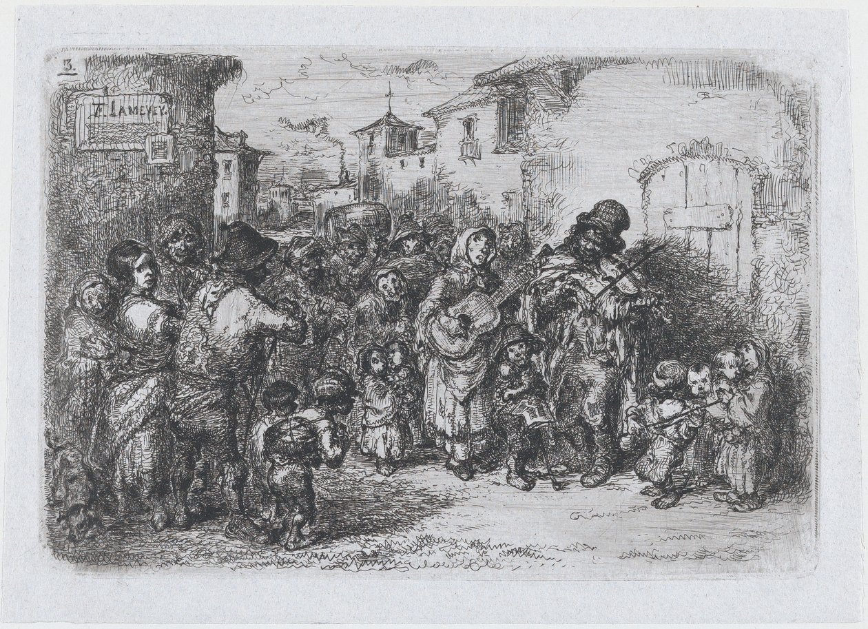Plaka 3: İspanyol gelenek ve eğlencelerinden bir grup sokak müzisyeni ..., 1850. by Francisco Lameyer Berenguer