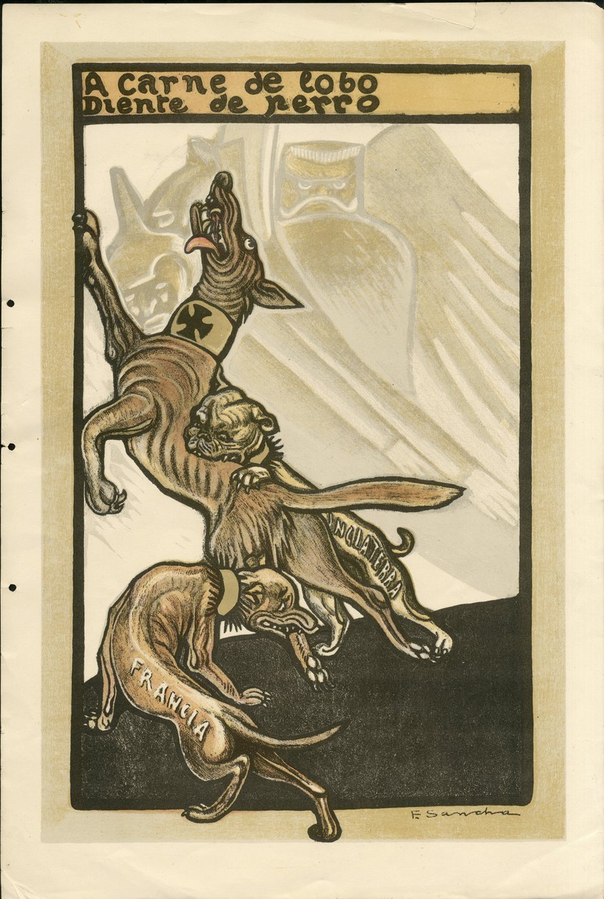 Francisco Sancha Lengo (1874-1936) çizimi - Uçan yaprak, yaklaşık 1915 - Bir carne de lobo diente de perro - 14-18 Savaşı, Almanya Prusya, İngiltere Büyük Britanya, Belligerants ve semboller, Fransa, İspanyol Dili, Yabancı Basın - William II, Köpek, Saklan by Francisco Sancha y Lengo