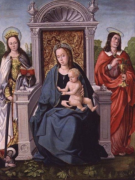 Aziz Catherine ve Aziz John Evangelist ile Madonna ve Çocuk, c.1530-40 (panel) by Francisco de (attr. to) Comontes