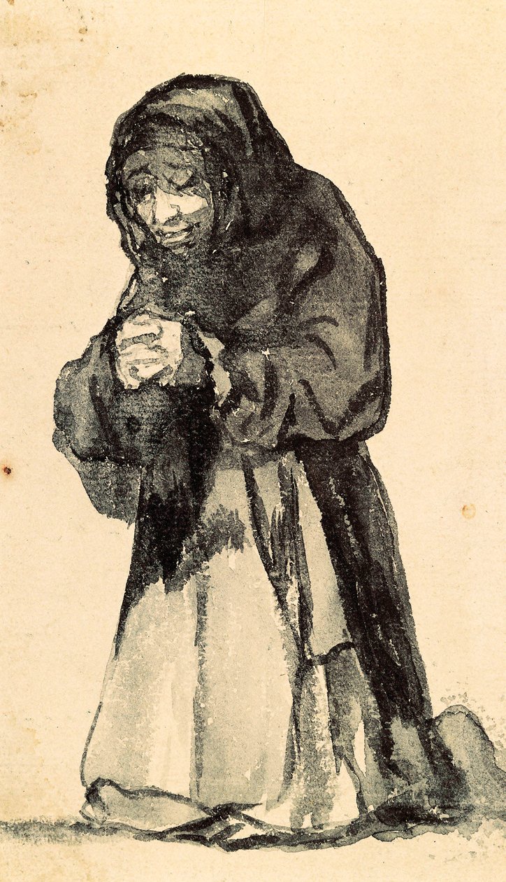 19. yüzyılın başlarında dua ederken diz çökmüş yaşlı bir kadın (çizim) by Francisco de Goya