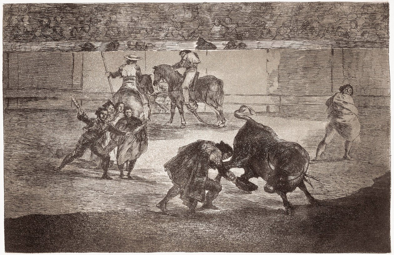 Boğa Güreşi: Bir boğa güreşçisi muleta yerine şapkayla boğayı öldürmek için arenaya girer by Francisco de Goya