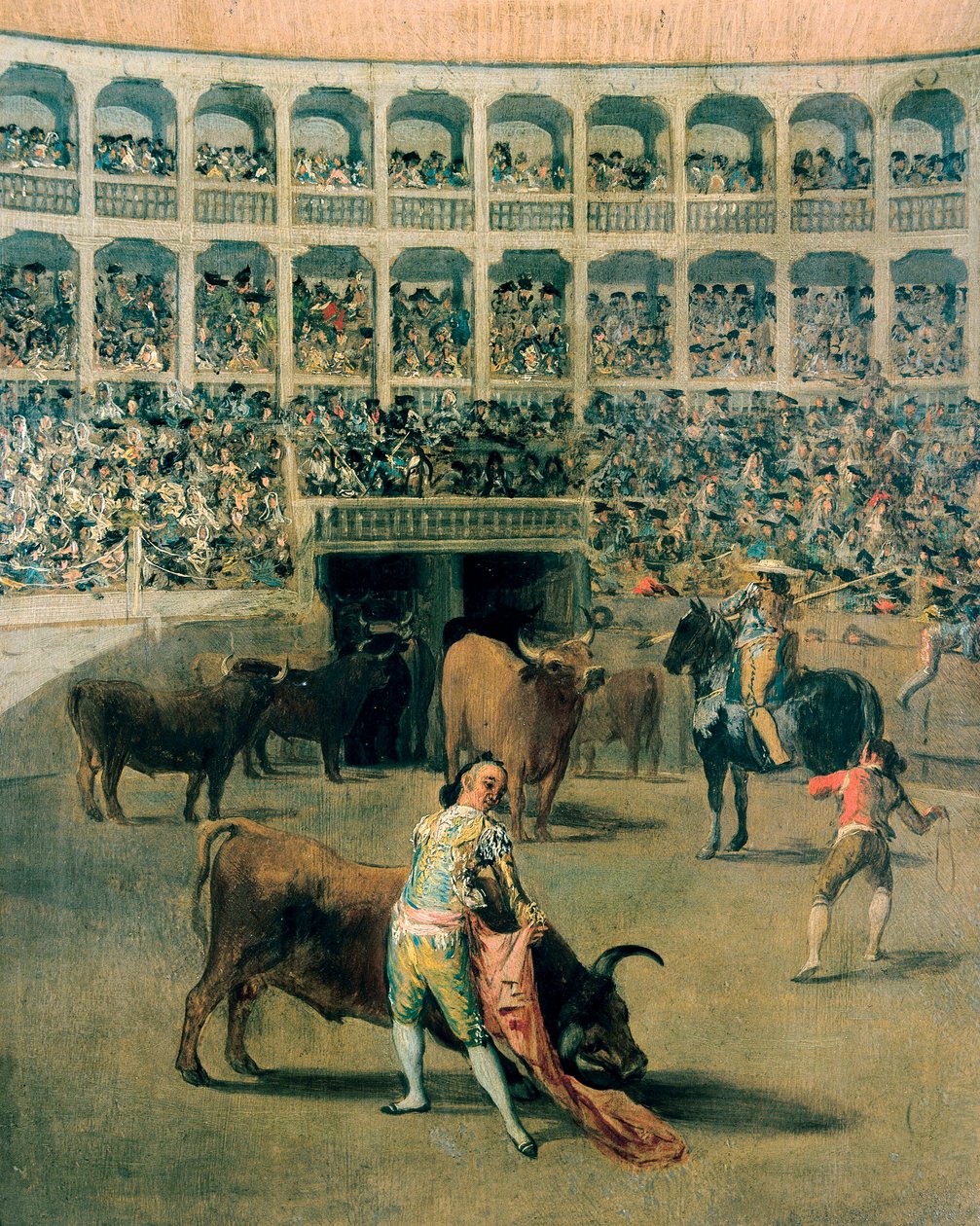 Pelerinle veya pelerin darbeleriyle boğa güreşi. Francisco de Goya y Lucientes (1746-1828) tarafından metal üzerine boyama. 1793. by Francisco de Goya