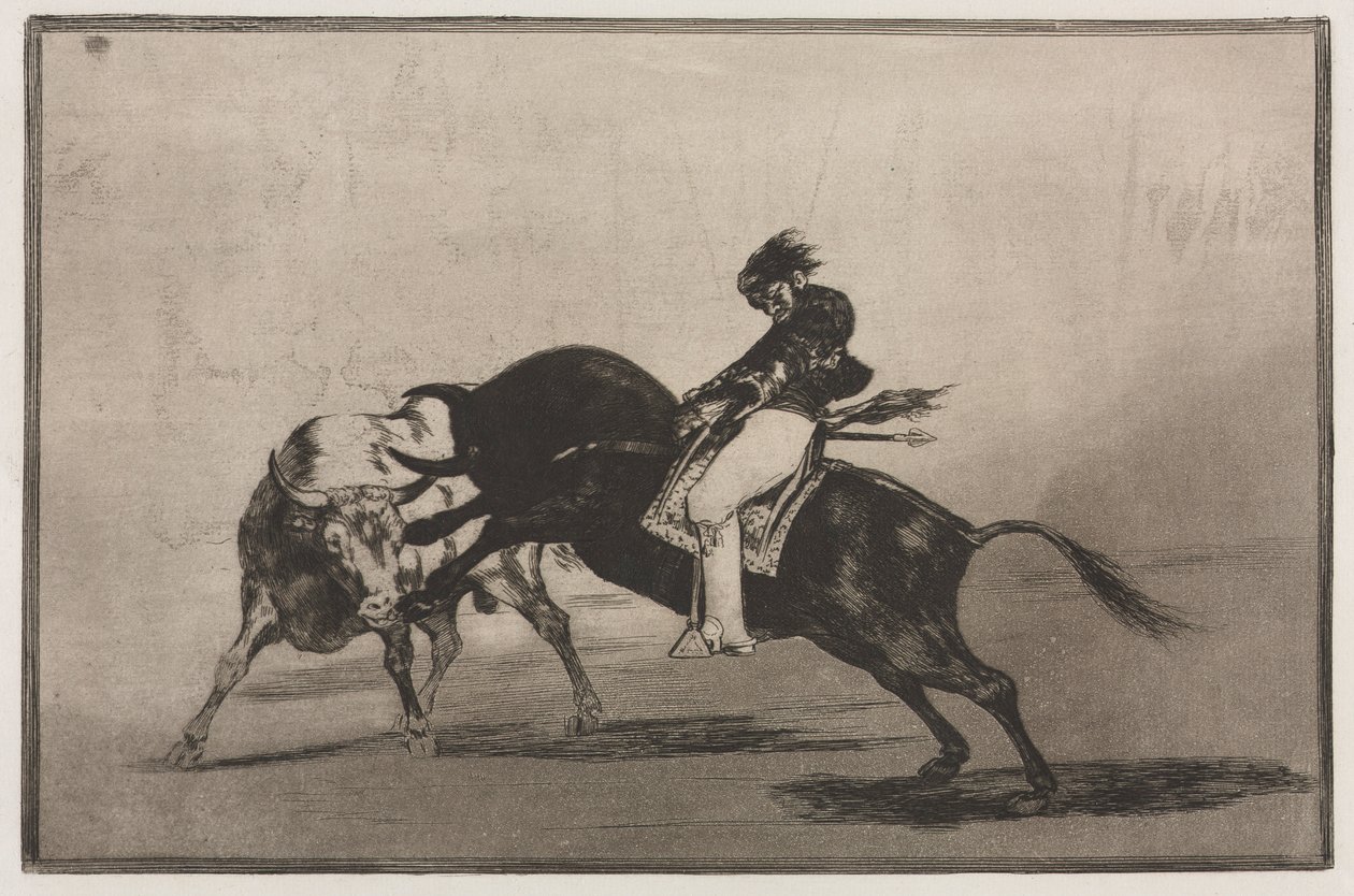 Boğa Güreşi: Başka Bir Boğa Üzerine Monte Edilen Ceballos, Ringde Kısa Mızrak Kırıyor, 1876. by Francisco de Goya