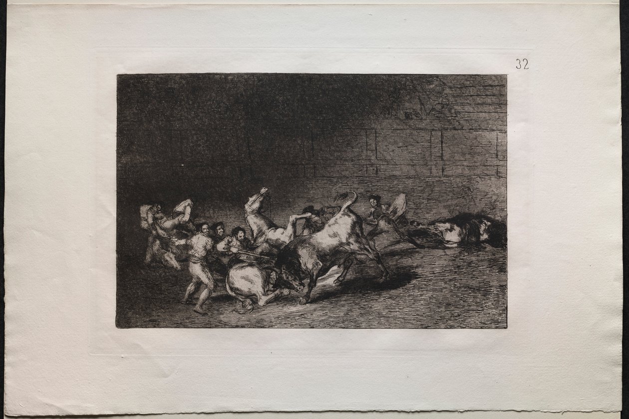 Boğa Güreşi: Tek Bir Boğa Tarafından Birbiri ardına Atılan İki Pikador Takımı, 1876. by Francisco de Goya