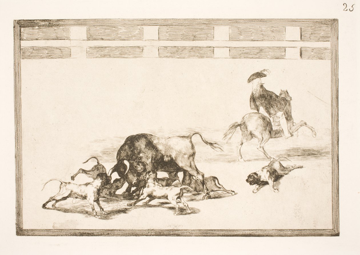 Köpekleri boğanın üzerinde tımar ediyorlar by Francisco de Goya