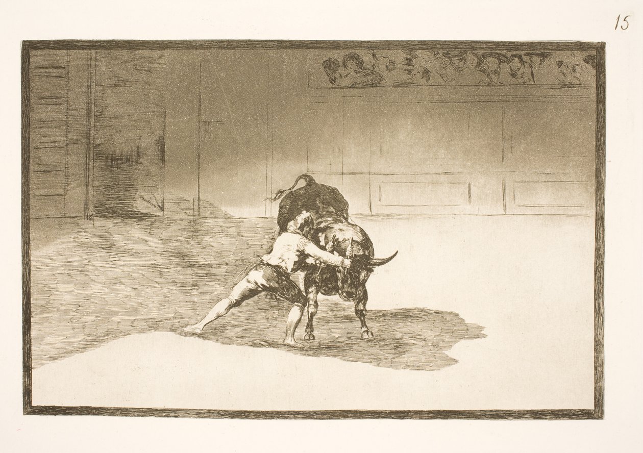 Ünlü Martincho, banderillaları yerleştirir, vücudunun hareketleriyle boğayı kandırır. by Francisco de Goya
