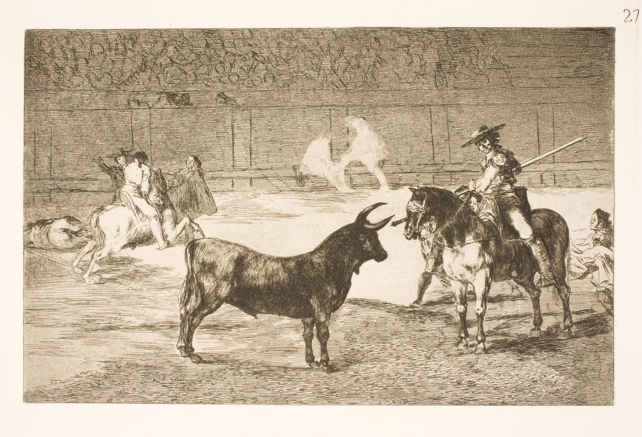 Ünlü pikador Fernando del Toro, mızrağıyla olme boğasını kışkırtıyor by Francisco de Goya