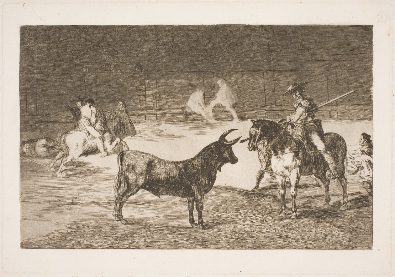 Ünlü pikador Fernando del Toro, mızrağıyla olme boğasını kışkırtıyor by Francisco de Goya