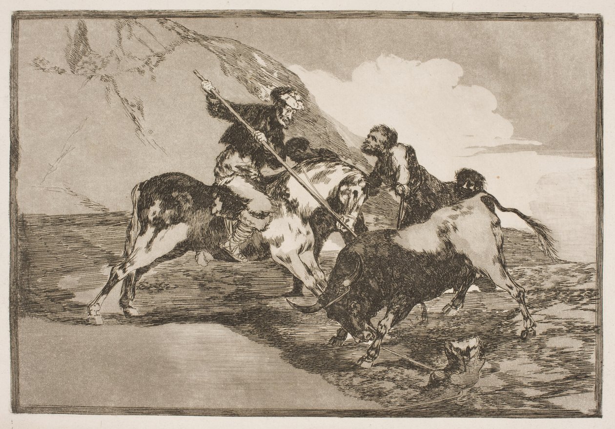 Eski İspanyolların at sırtında ovada boğa avlamaları gibi. by Francisco de Goya