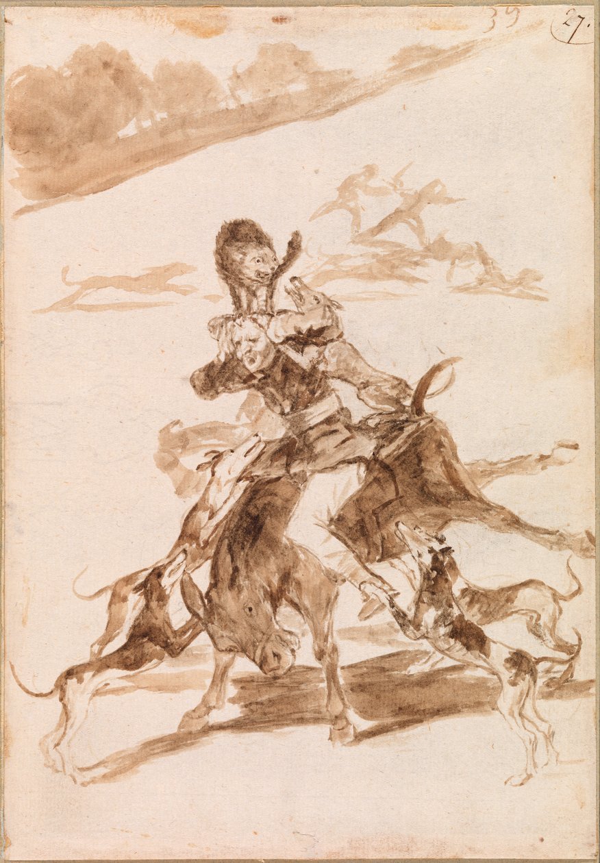 Eşek Üzerinde Bir Adamın Üzerinde Kediyi Kovalayan Köpekler by Francisco de Goya