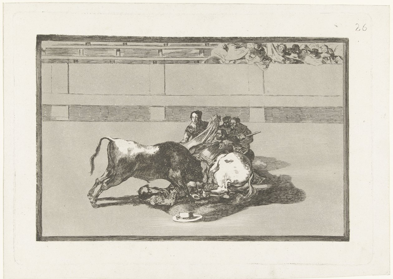 Bir pikador atından düştü ve boğanın altında yatıyor Caida de un picador de su caballo debajo del toro La Tauromaquia (dizi başlığı) Boğa Güreşi (dizi başlığı) by Francisco de Goya
