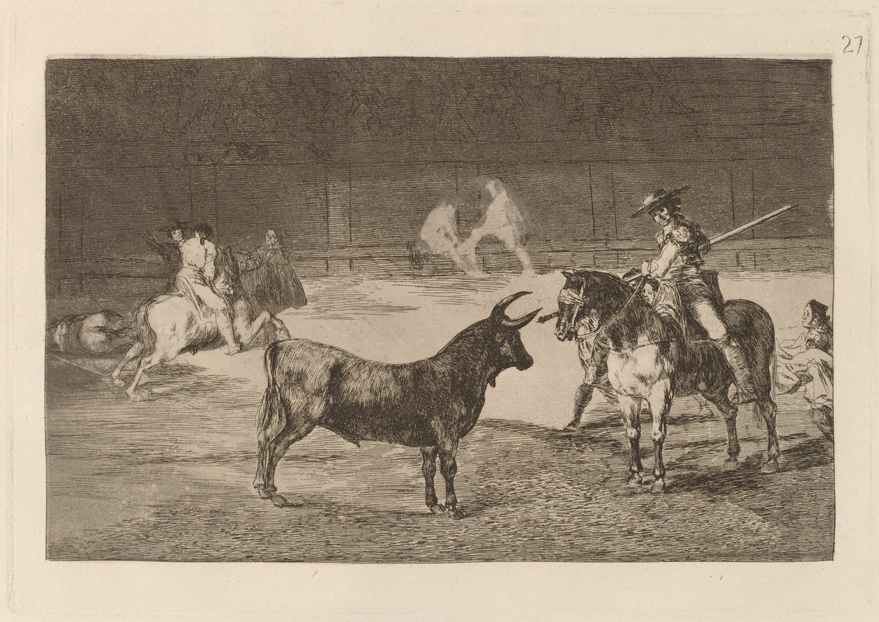 Ünlü Fernando del Toro, barilarguero, canavarı sopasıyla zorluyor (Ünlü Picador, Fernando del Toro, Vahşi Canavarı Pique ile Üzerine Çiziyor) by Francisco de Goya