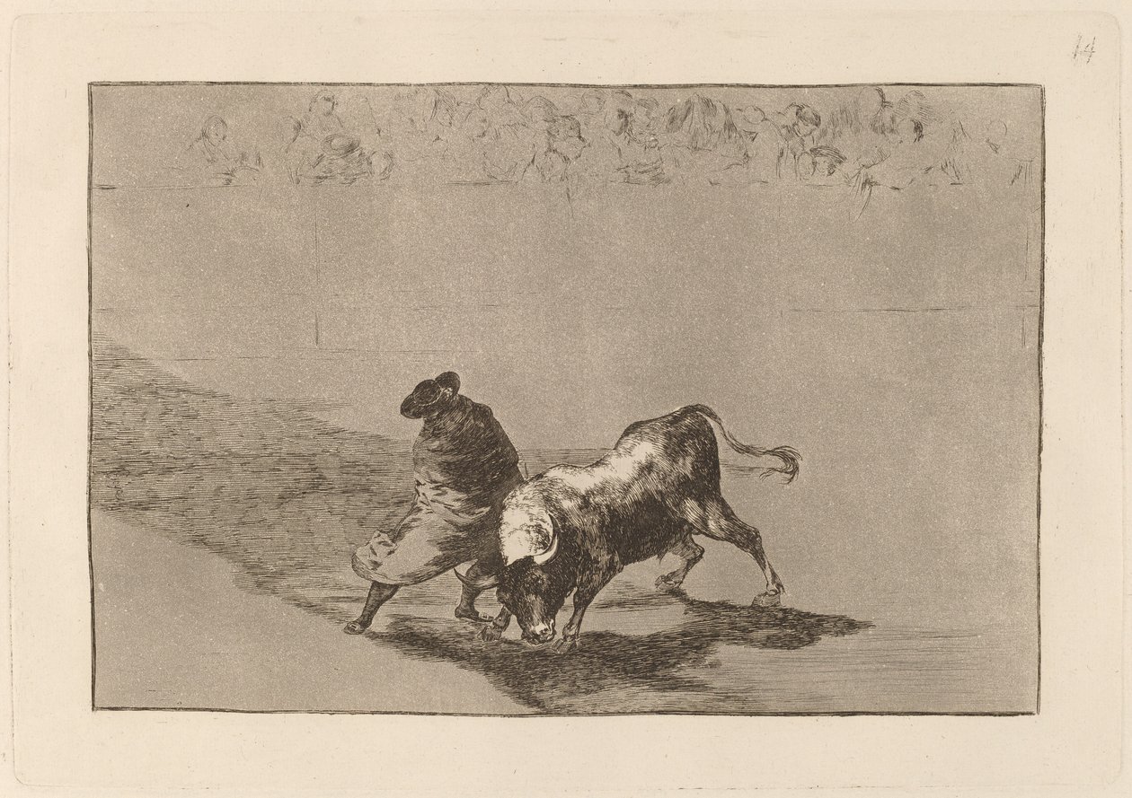 El diestrisimo estudiante de Falces, embozadoburla al toro con sus quiebros (Çok Becerikli Falcı Öğrencisi, Pelerinine Sarılmış, Boğayı Vücudunun Oyunuyla Kandırıyor) by Francisco de Goya