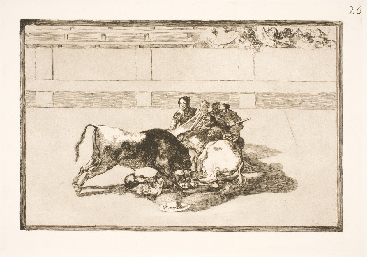 At tarafından bir pikador atılır ve boğanın altına düşer. by Francisco de Goya
