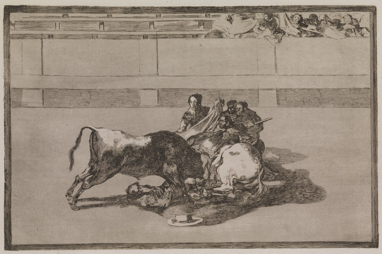 At tarafından bir pikador atılır ve boğanın altına düşer. by Francisco de Goya