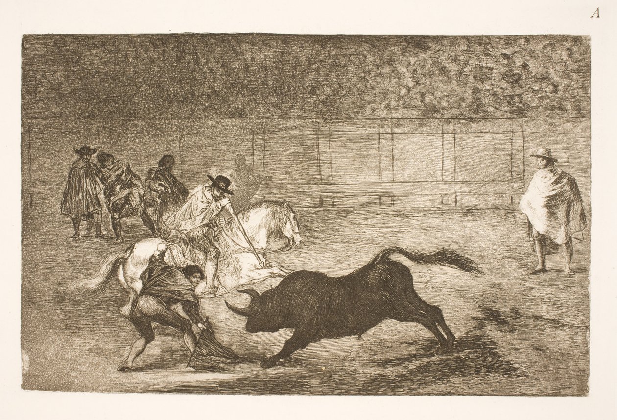 İspanyol bir binici saniyelerinin yardımıyla kısa mızrakları kırdı by Francisco de Goya