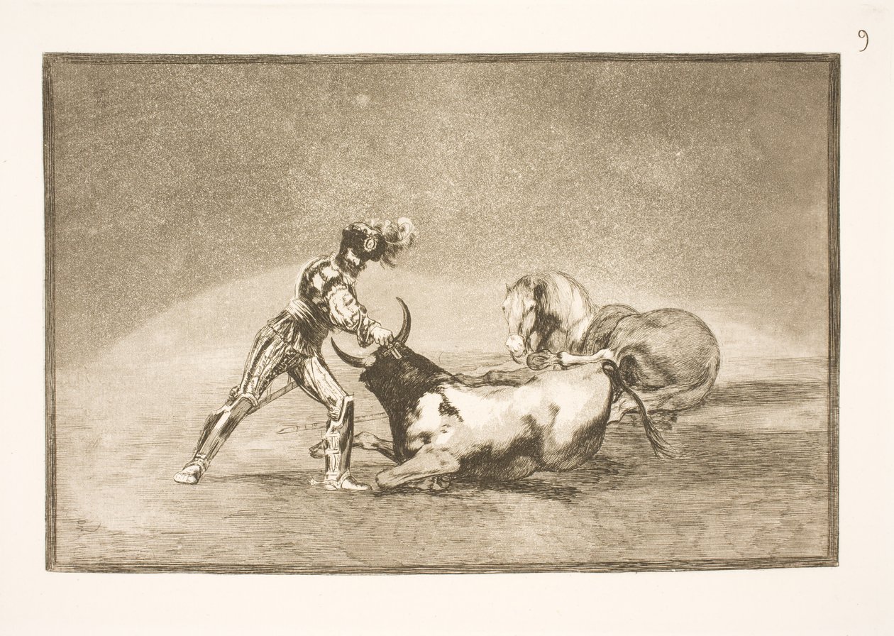 İspanyol bir binici atını kaybettikten sonra boğayı öldürdü by Francisco de Goya