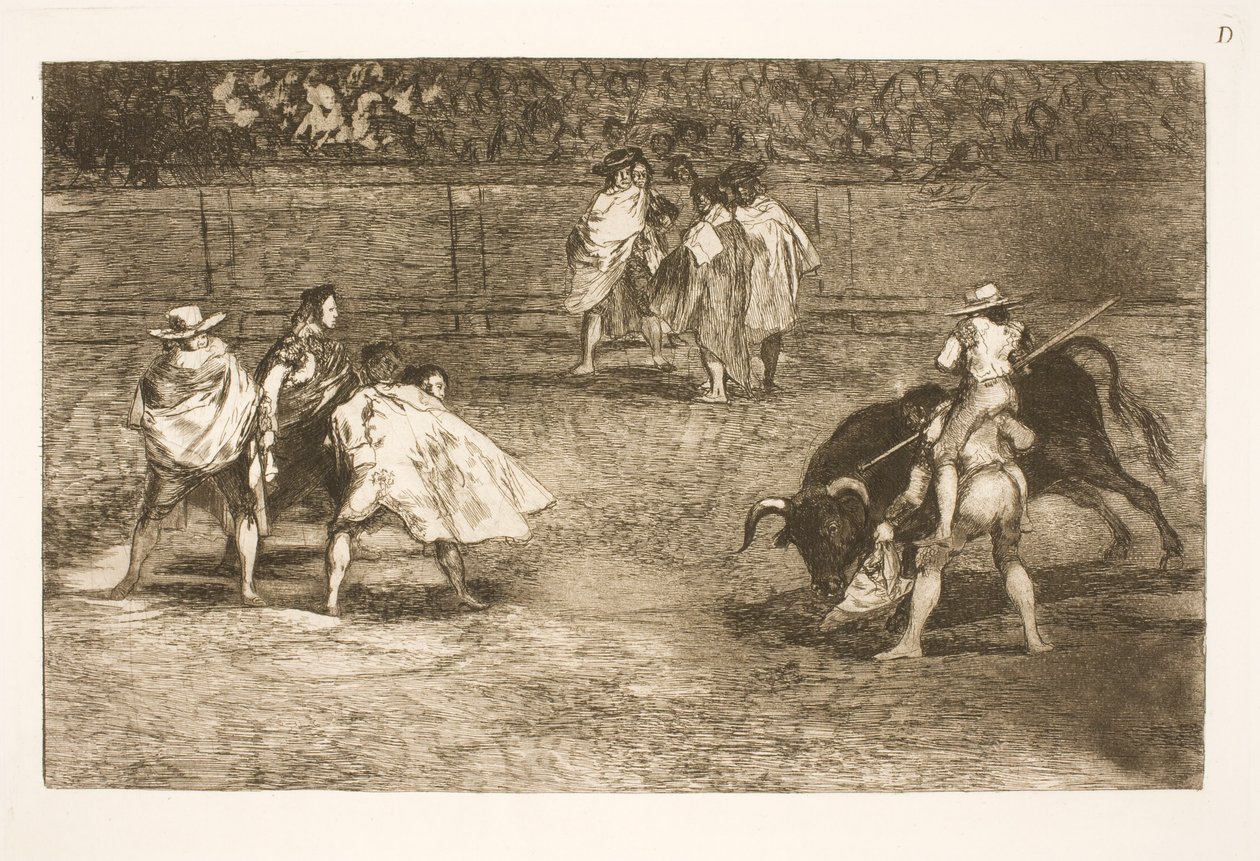 Bir yardımcının omuzlarına oturan bir boğa güreşçisi bir boğayı bıçaklıyor by Francisco de Goya