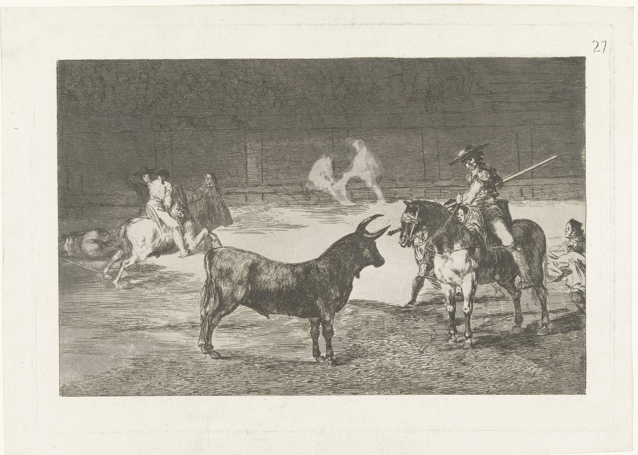 Fernando del Toro daagt een stier uit Ünlü Fernando del Toro, barilarguero, canavarı direğiyle zorluyor La Tauromaquia (dizi başlığı) Stierenvechten (dizi başlığı) by Francisco de Goya
